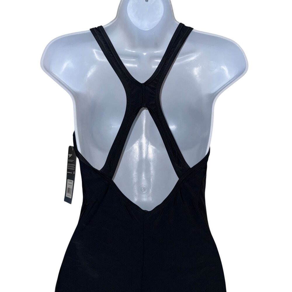NWT Speedo PowerFlex Ultraback One Piece Swimsuit Womens 12 Black White Solid - Picture 5 of 7